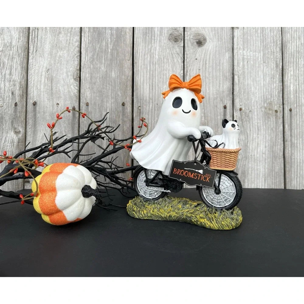NEW Halloween Ghost Riding with Bicycle With Black Ghost Cat New 12in